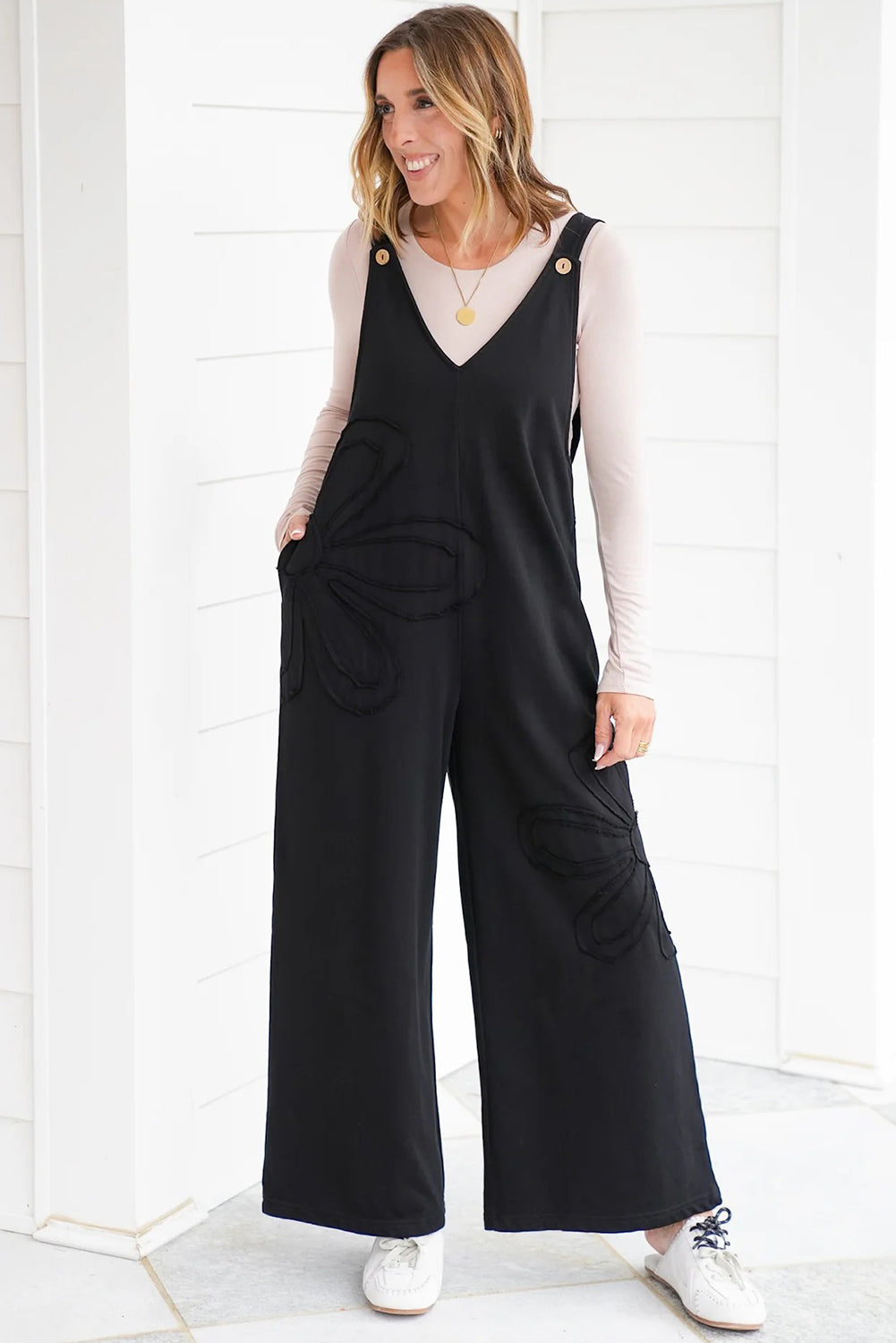 Black Solid Color Raw Seam Big Flower Patched Loose Overall Jumpsuit