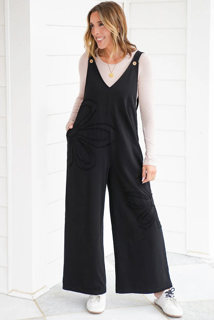 Black Solid Color Raw Seam Big Flower Patched Loose Overall Jumpsuit