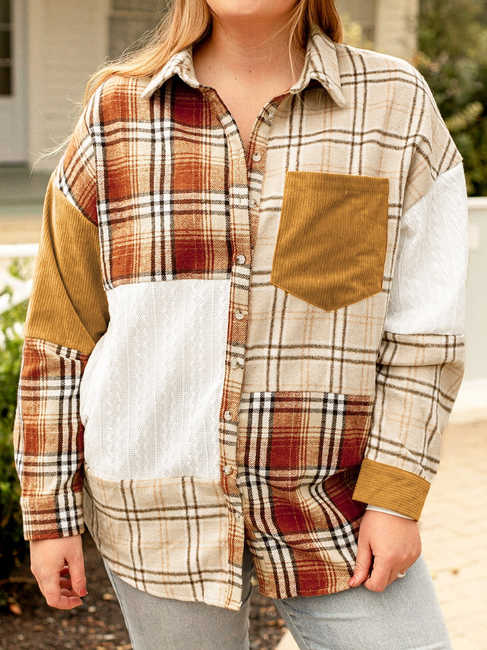 Golden Apricot Plus Size Plaid Patchwork Button up Shacket