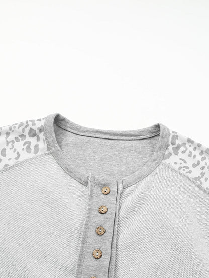 Leopard Patchwork Gray Buttoned Neck Pullover Sweatshirt
