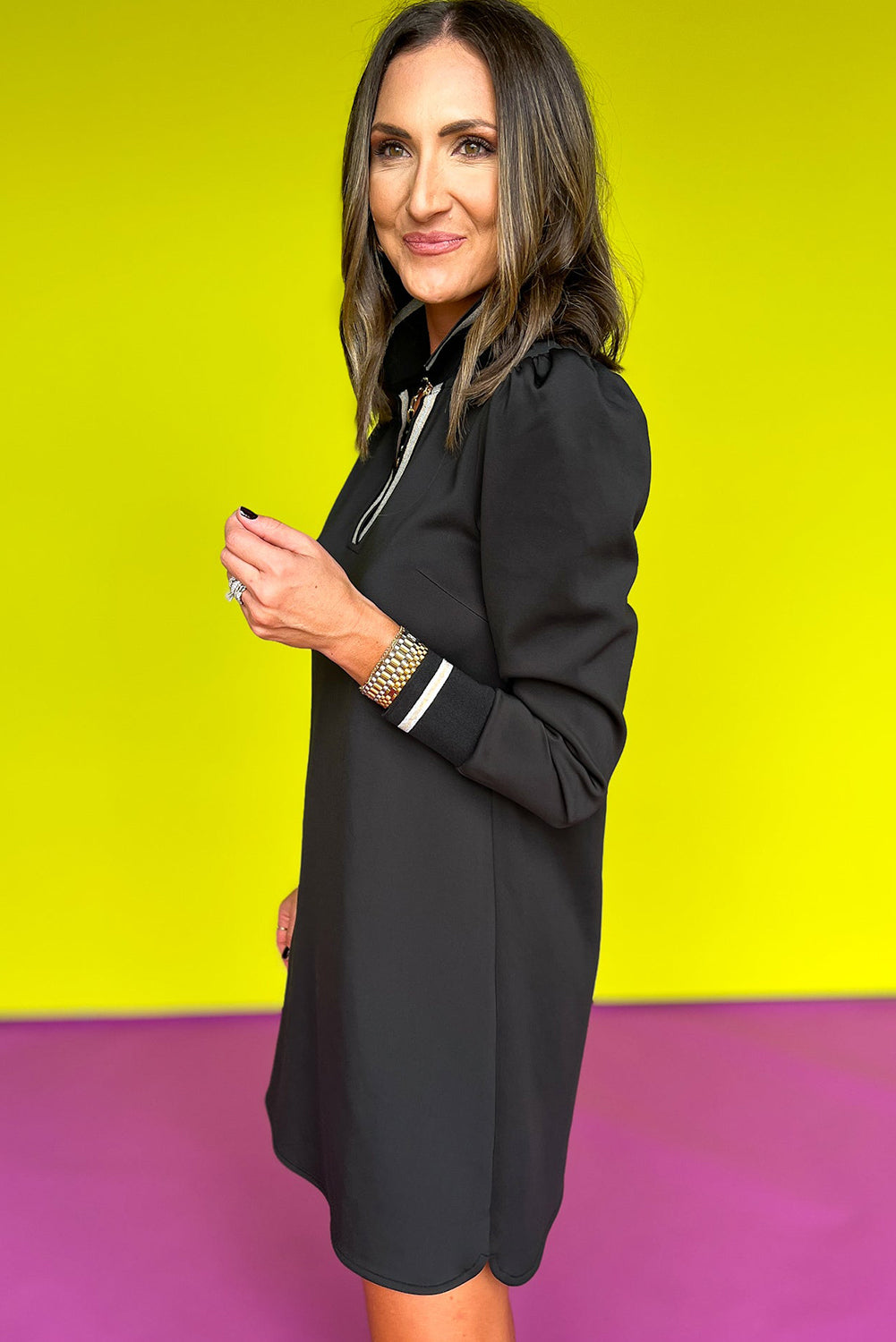 Black Striped Trim V Neck Collared Long Sleeve Shift Mini Dress