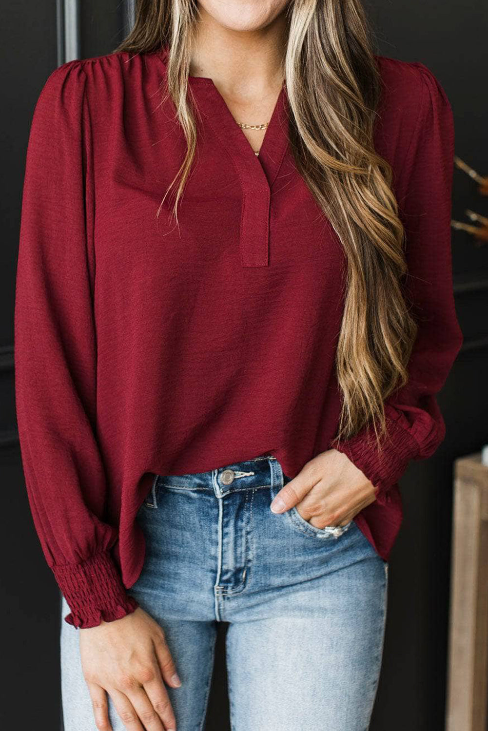 Burgundy Notched Neck Shirred Cuff Long Sleeve Blouse