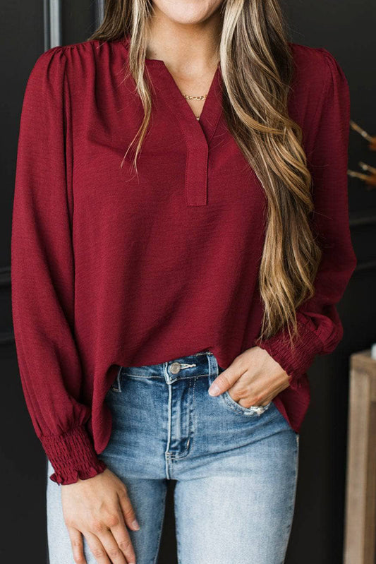 Burgundy Notched Neck Shirred Cuff Long Sleeve Blouse