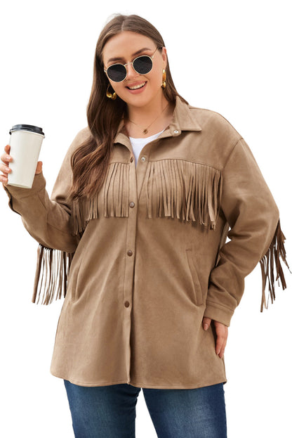 Khaki Suede Shacket with Fringe Detail for Plus Size Women