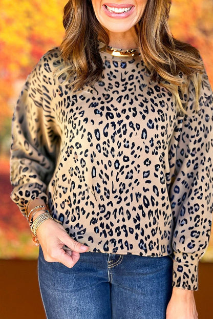 Brown Leopard Lantern Sleeve Round Neck Top