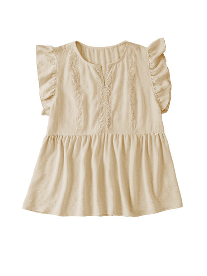 Golden Fleece Plus Size Swiss Dot Lace Trim Split Neck Babydoll Top