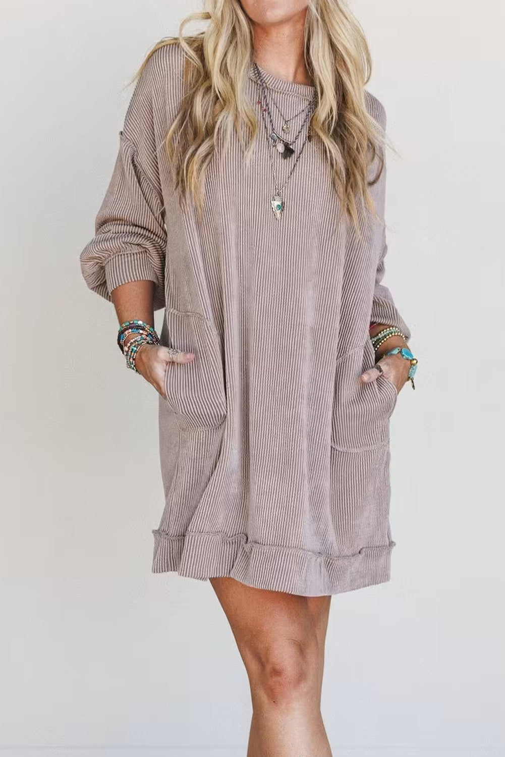 Smoke Gray Twisted Ribbed Exposed Seam Drop Shoulder Patch Pocket Loose Mini Dress