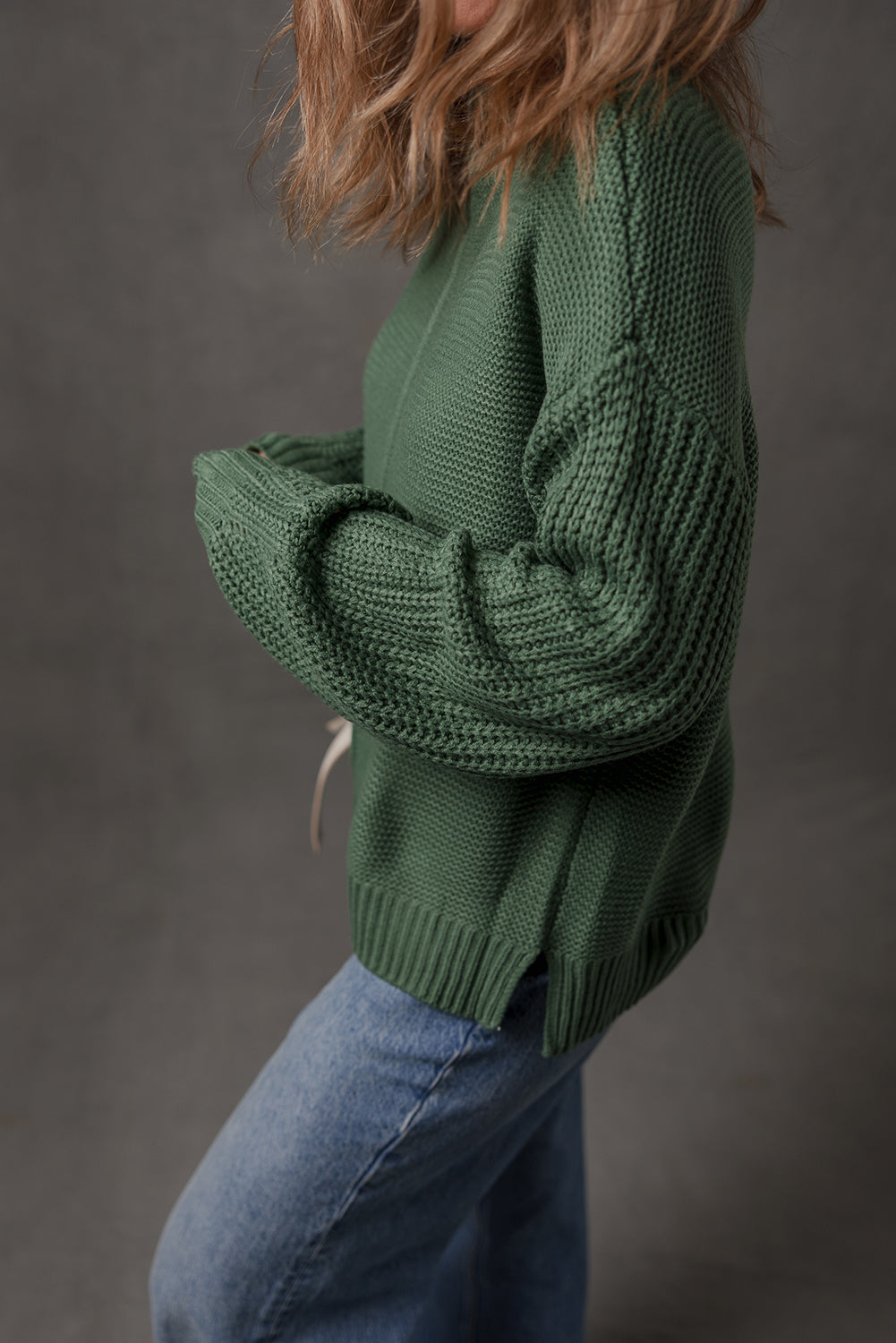 Mist Green Solid Color Front Seam Drop Shoulder Loose Sweater