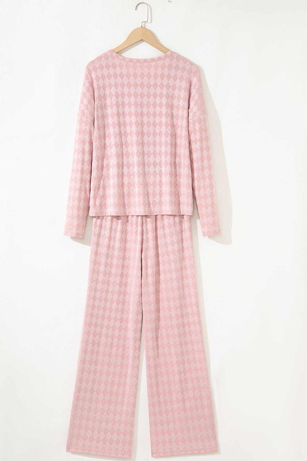 Light Pink Rhombus Pattern Knit Long Sleeve Top Pocketed Drawstring Lounge Pant Set