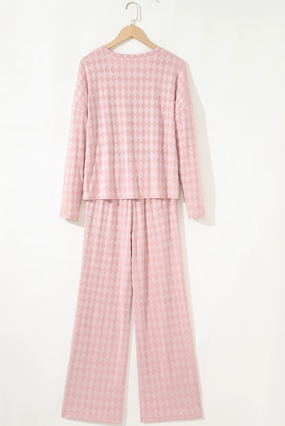 Light Pink Rhombus Pattern Knit Long Sleeve Top Pocketed Drawstring Lounge Pant Set