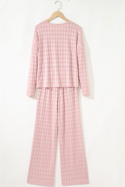 Light Pink Rhombus Pattern Knit Long Sleeve Top Pocketed Drawstring Lounge Pant Set