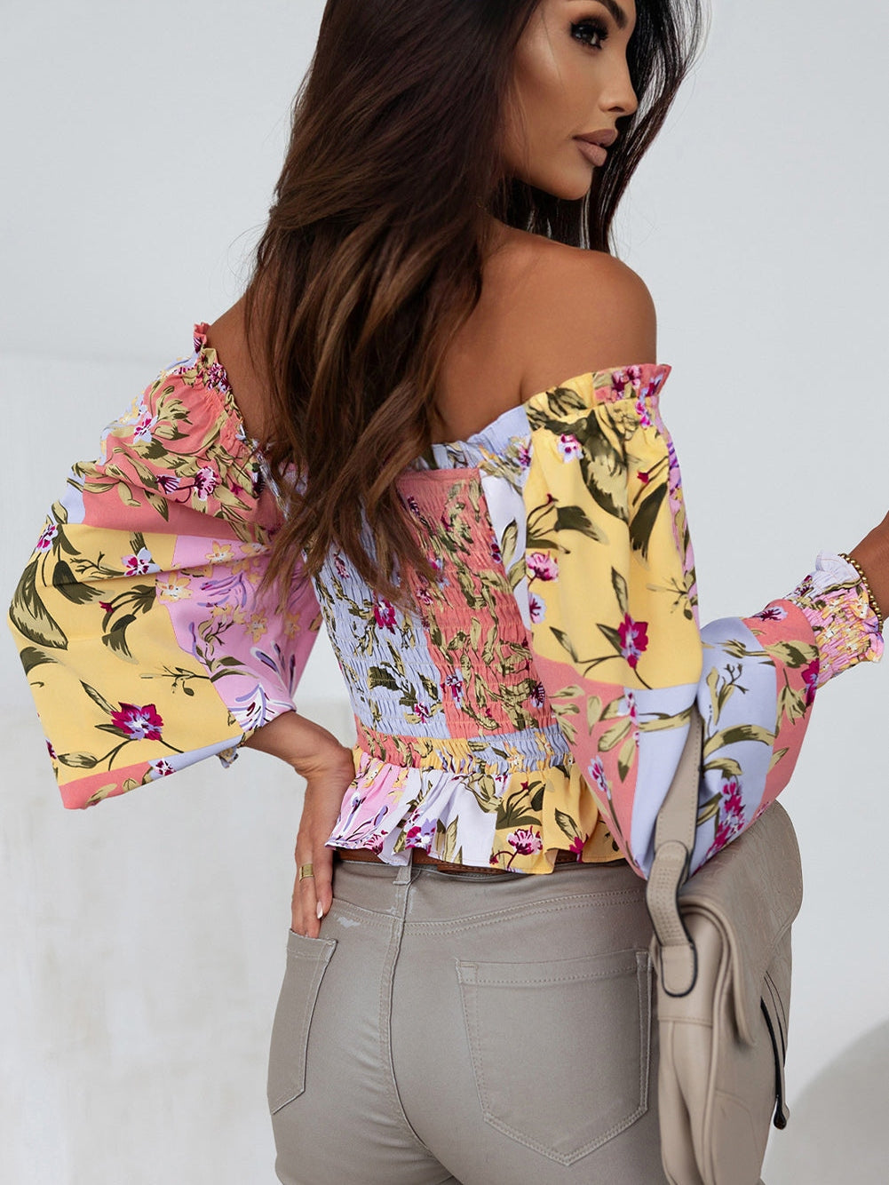 Floral Square Neck Smocked Blouse with Frilled Trim