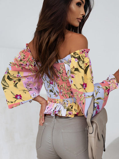 Floral Square Neck Smocked Blouse with Frilled Trim