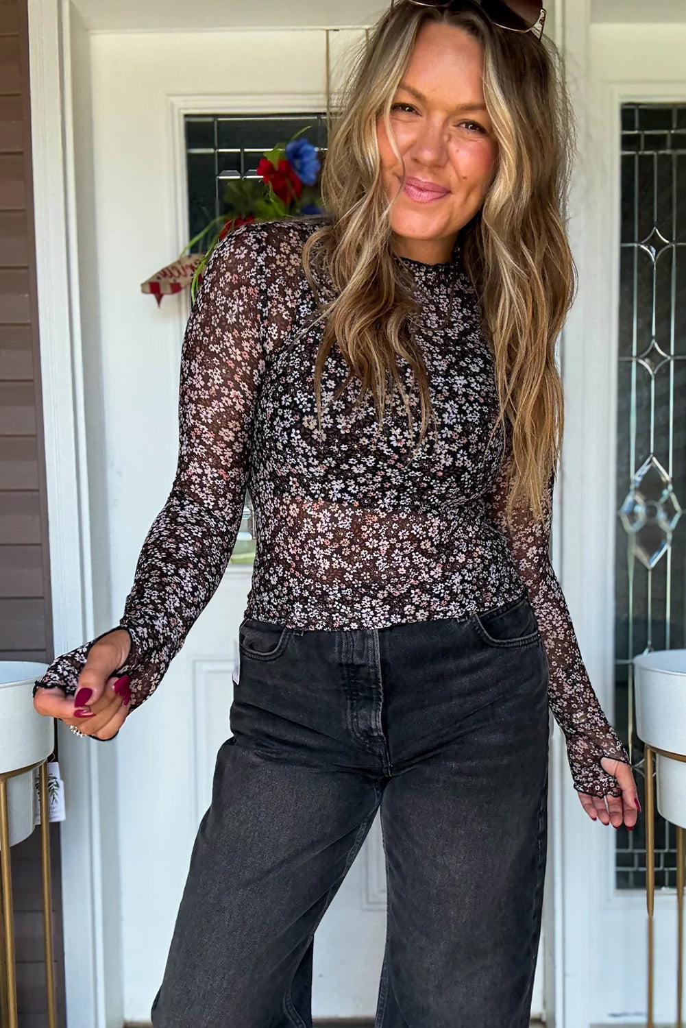 Black Ditsy Floral Mesh Thumbhole Sleeve Top