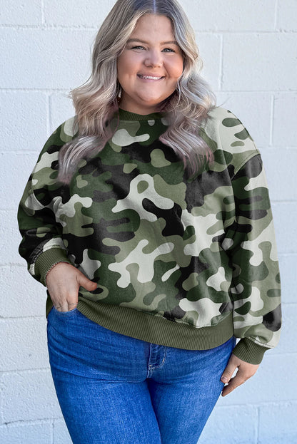 Green Camo Print Ribbed Trim Plus Sweatshirt
