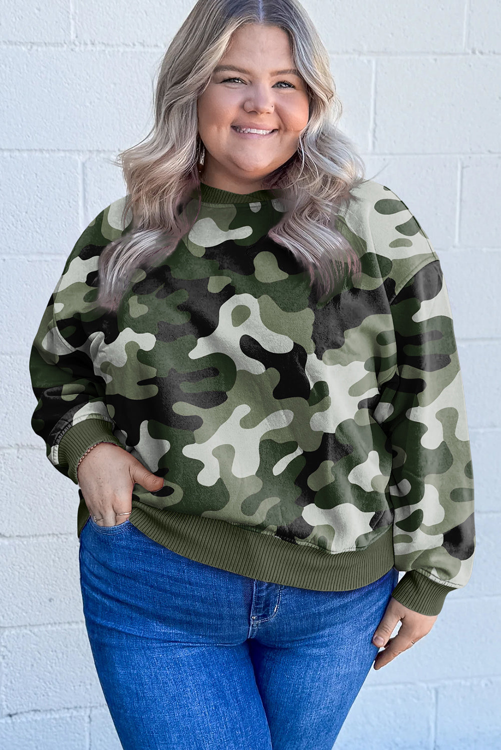 Green Camo Print Ribbed Trim Plus Sweatshirt