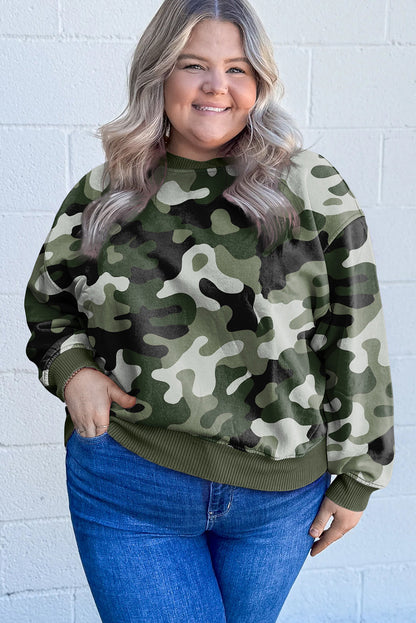 Green Camo Print Ribbed Trim Plus Sweatshirt