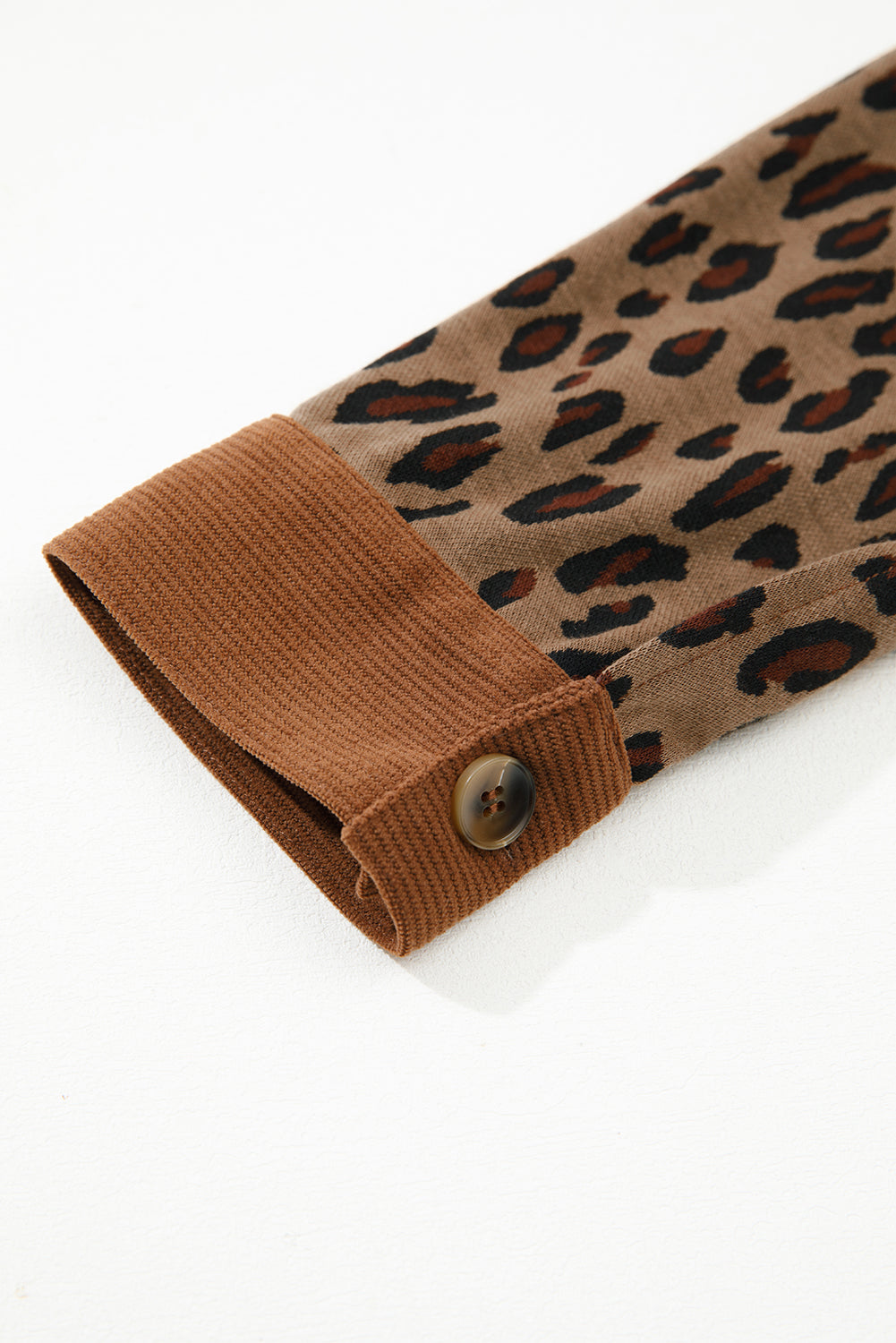 Chestnut Leopard Print Contrast Texture Patchwork Button Flap Pocket Casual Shacket