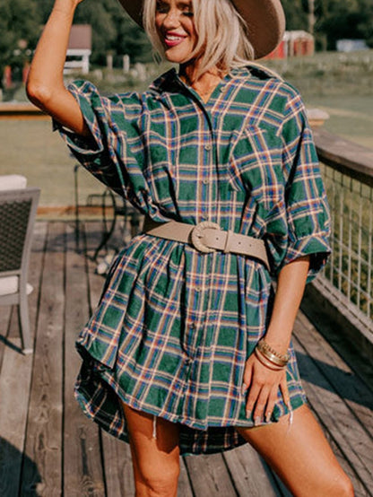 Green Plaid Oversized Tunic Shirt with Half Sleeves