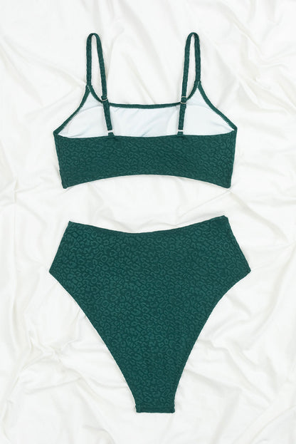 Leopard Jacquard High Waist Bikini Set in Skobeloff Green