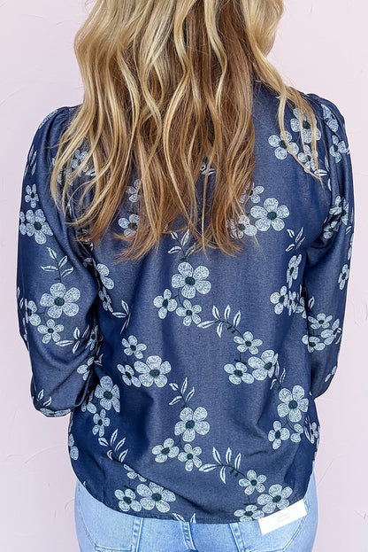 Blue Frilled Neck Button Down Long Sleeve Floral Shirt