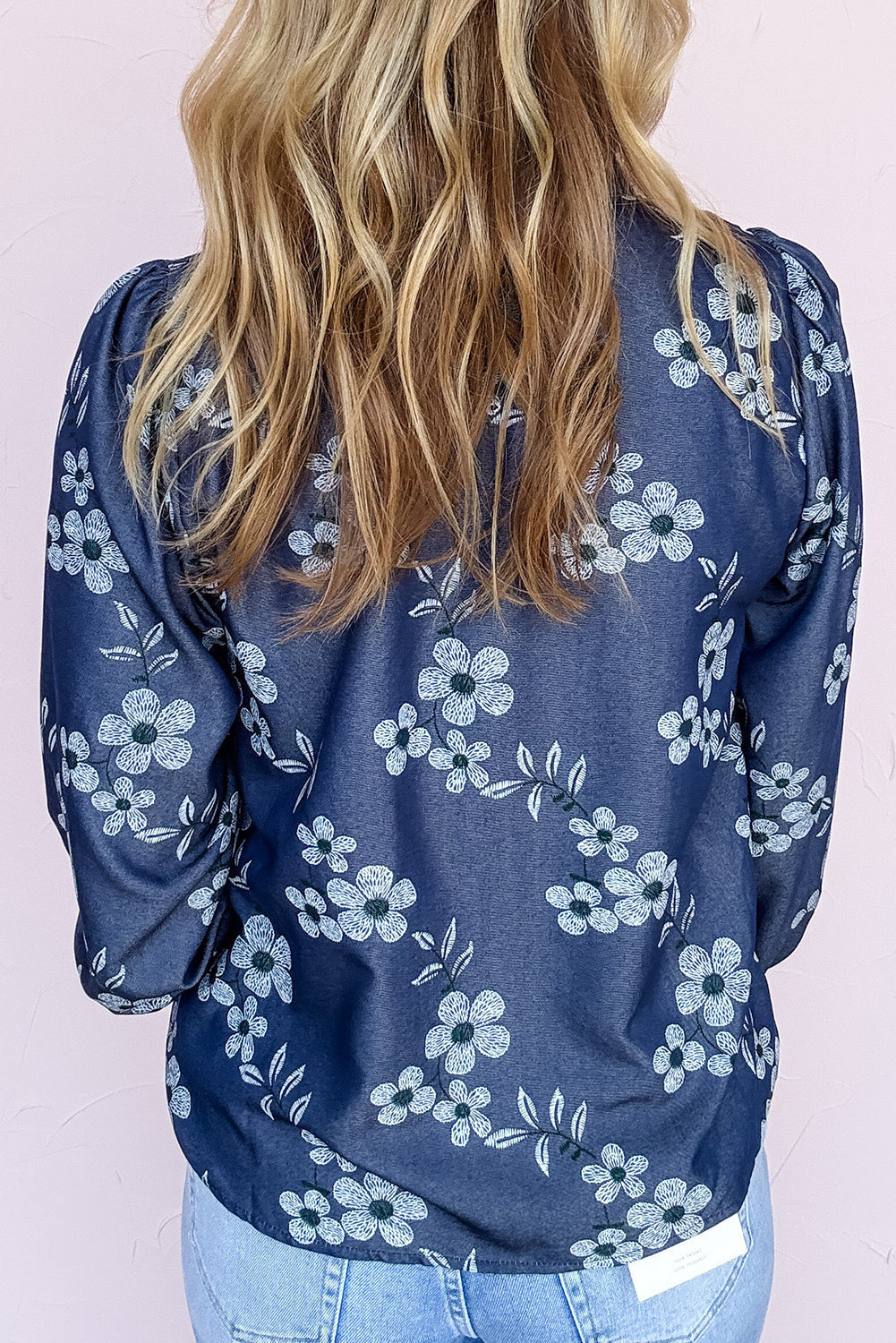 Blue Frilled Neck Button Down Long Sleeve Floral Shirt