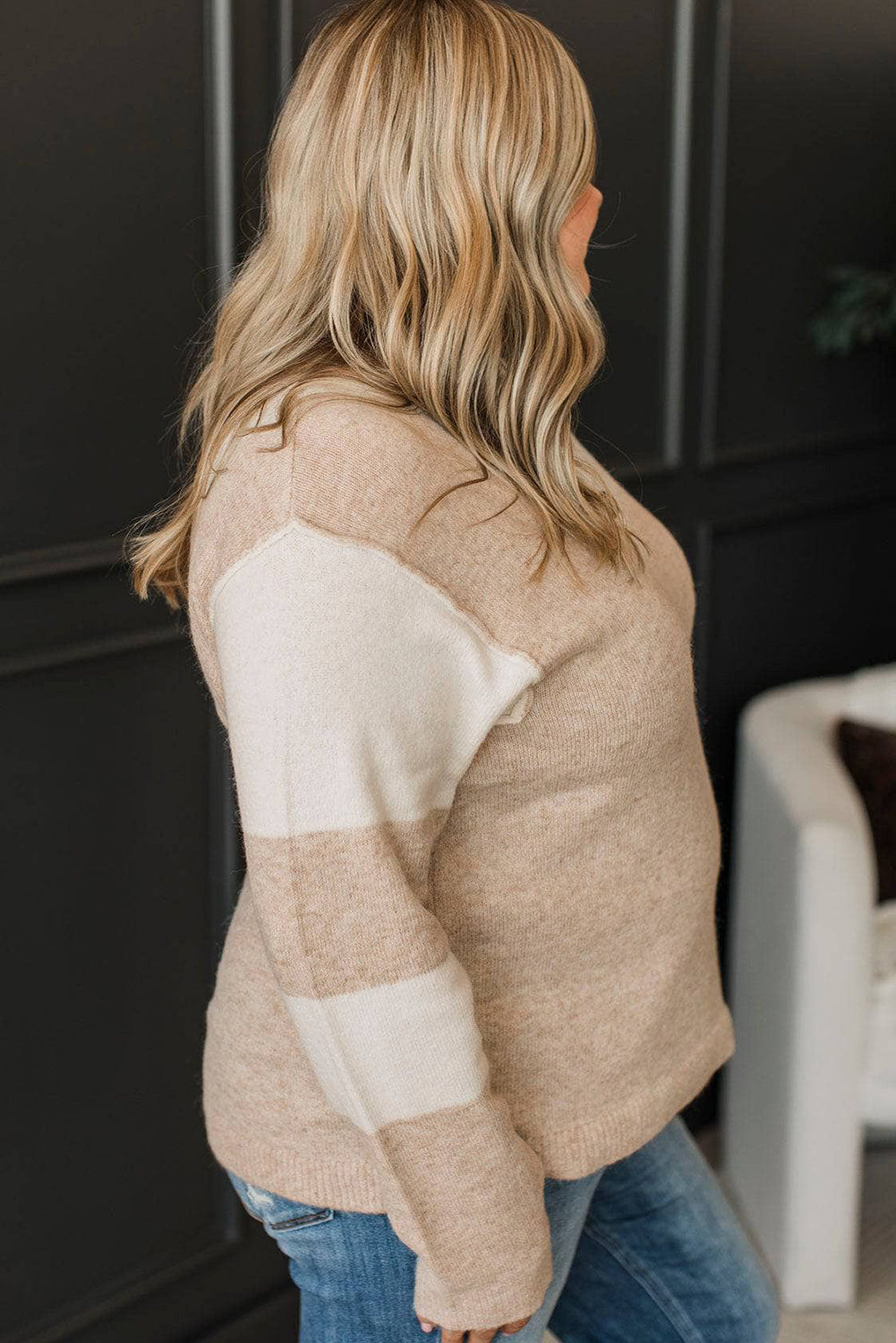 Parchment Color Block Sleeve Button Notched Neck Plus Size Sweater