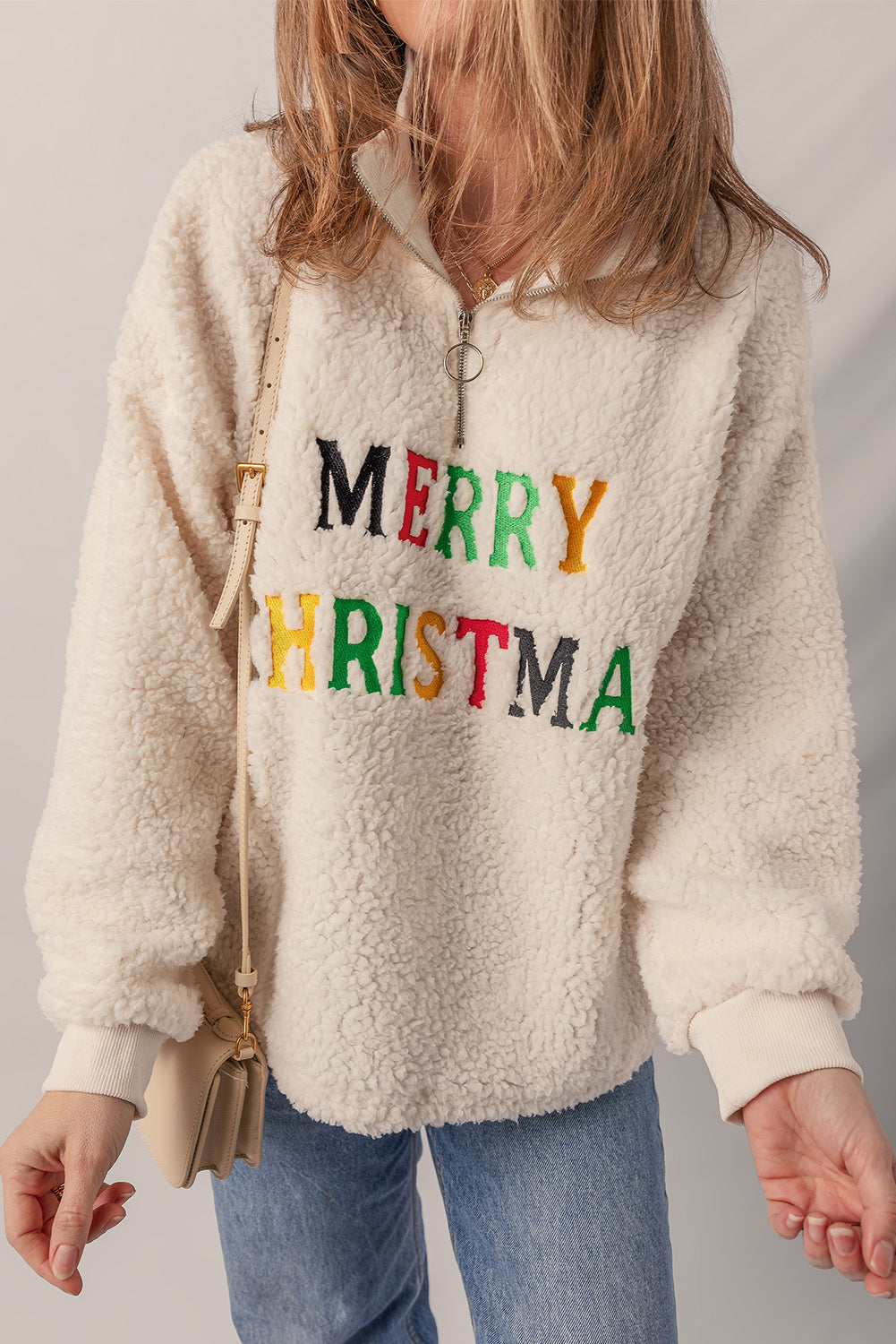 Jet Stream MERRY CHRISTMAS Colorful Letter Embroidery Quarter Zip Sherpa Sweatshirt