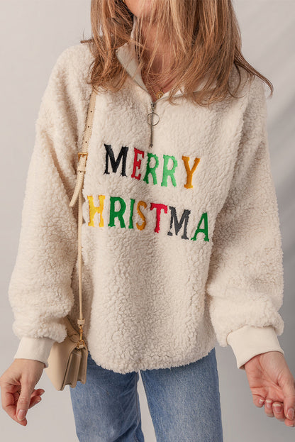Jet Stream MERRY CHRISTMAS Colorful Letter Embroidery Quarter Zip Sherpa Sweatshirt