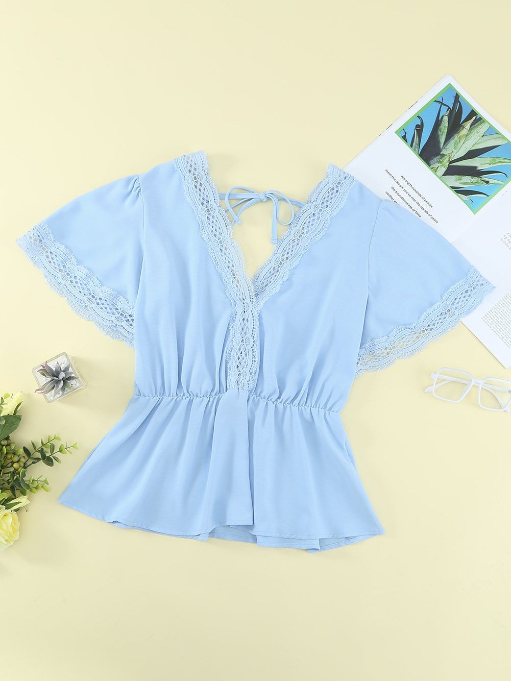 Elegant Sky Blue V Neck Lace Detail Blouse