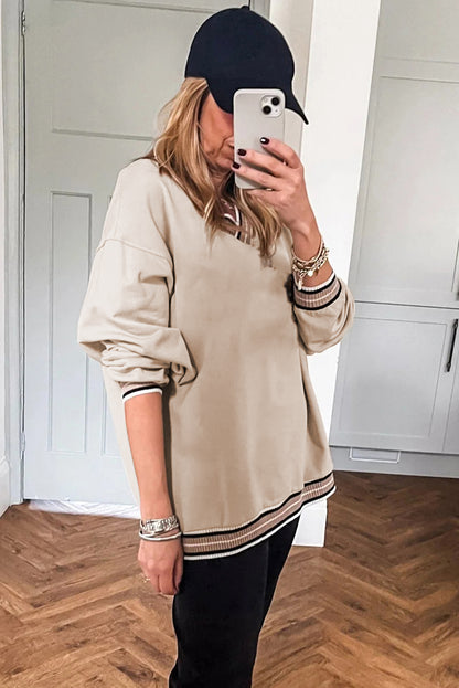 Parchment Varsity Contrast Striped Trim V Neck Sweatshirt