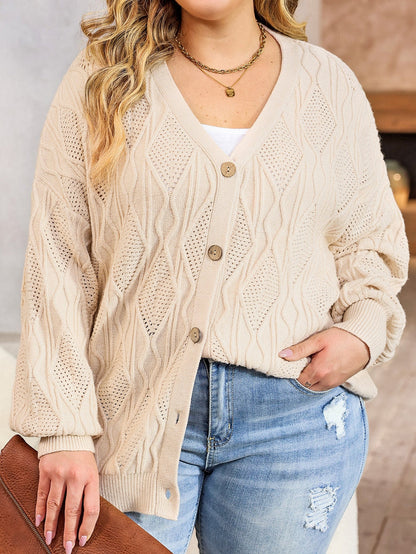 Elegant Apricot V-Neck Oversized Knit Cardigan with Button Detail