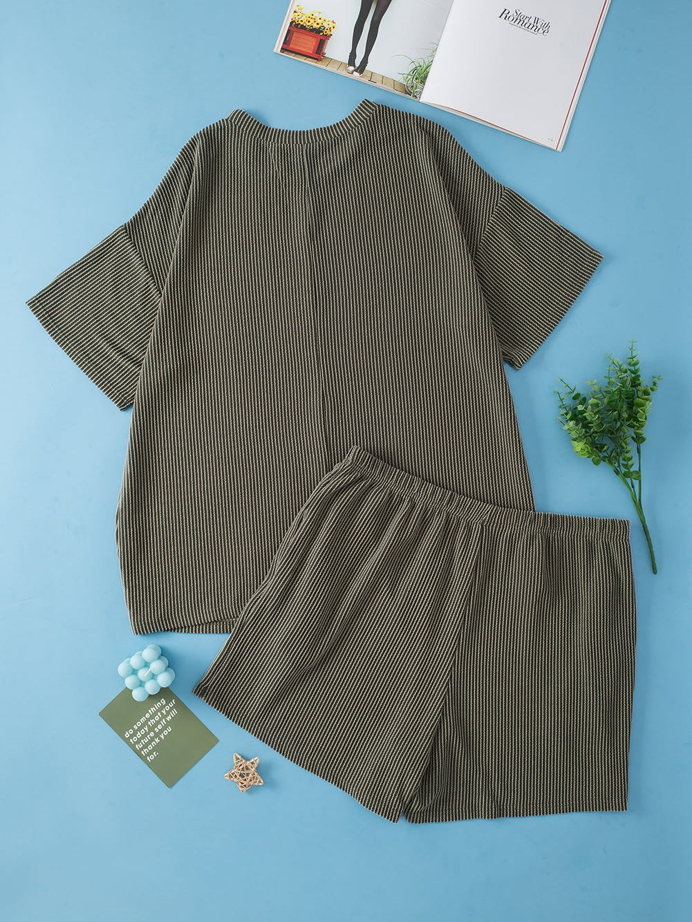 Moss Green Plus Size Rib Knit Short Sleeve Top and Shorts Set