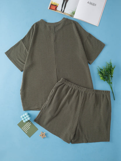 Moss Green Plus Size Rib Knit Short Sleeve Top and Shorts Set