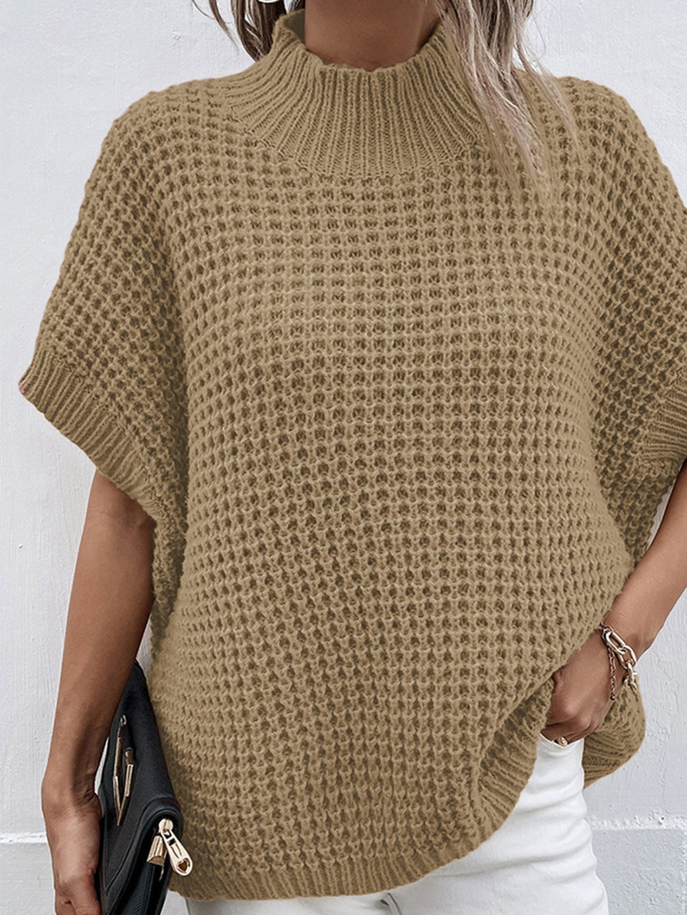 Elegant Light Beige Batwing Sleeve High Neck Knit Sweater for Women