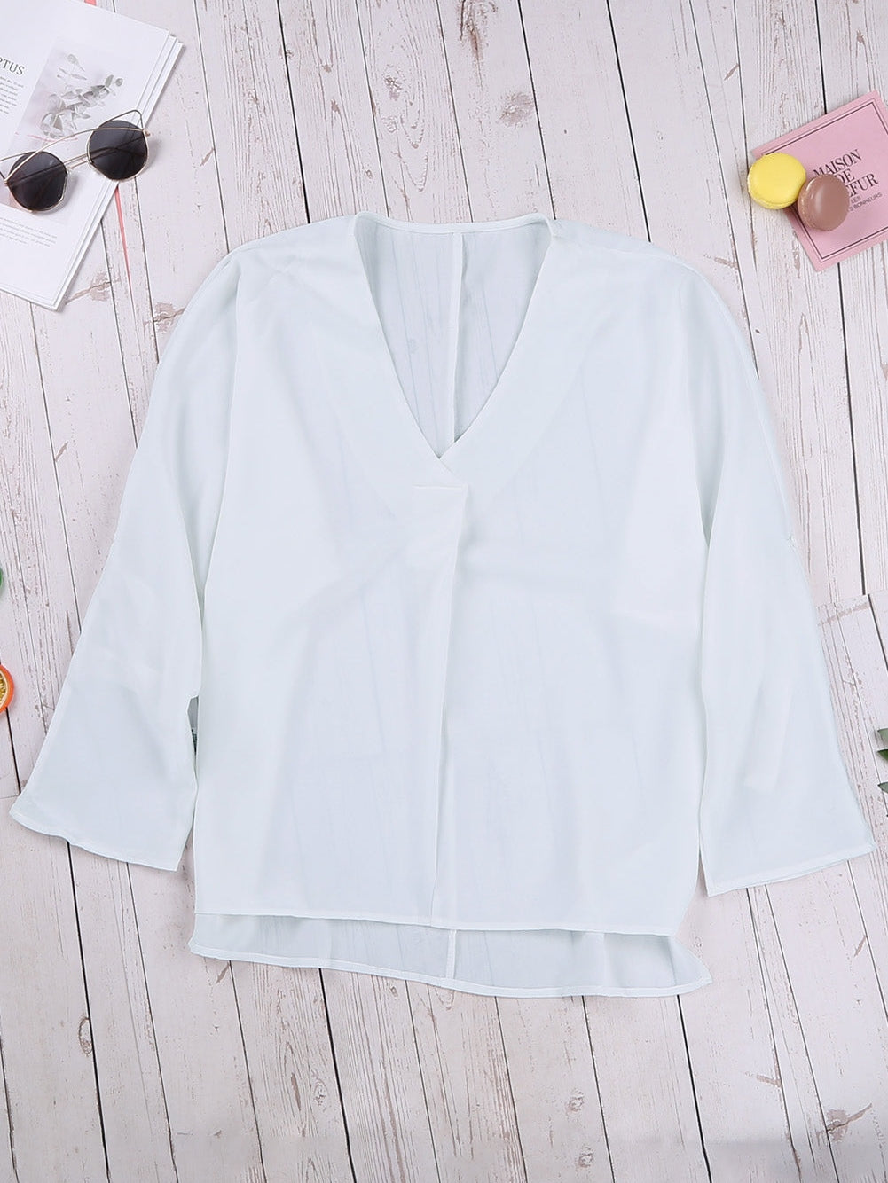 Elegant White V Neck High Low Hem Blouse