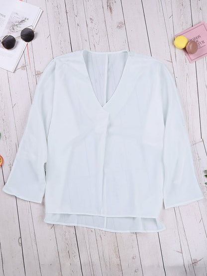 Elegant White V Neck High Low Hem Blouse