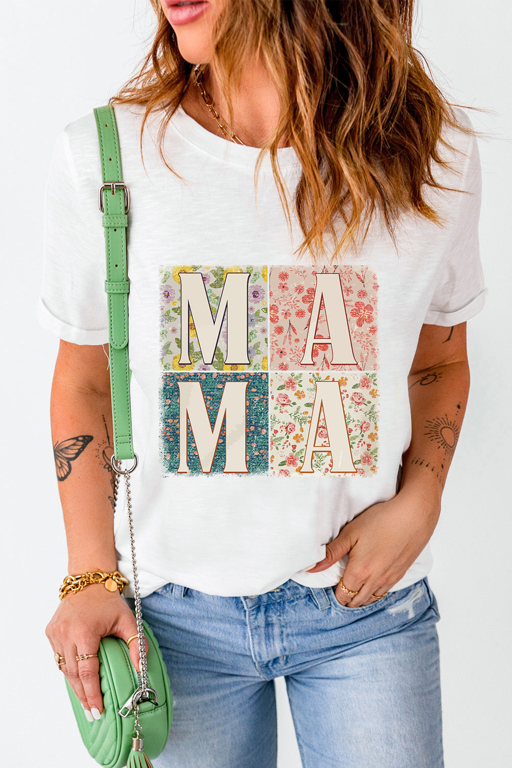 Elegant Floral Mama Print White Casual Tee