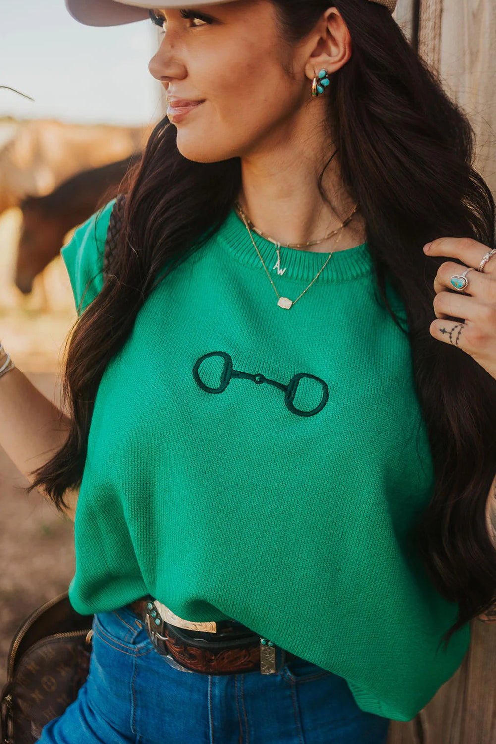 Bright Green Horse Bit Embroidered Loose Short Sleeve Sweater