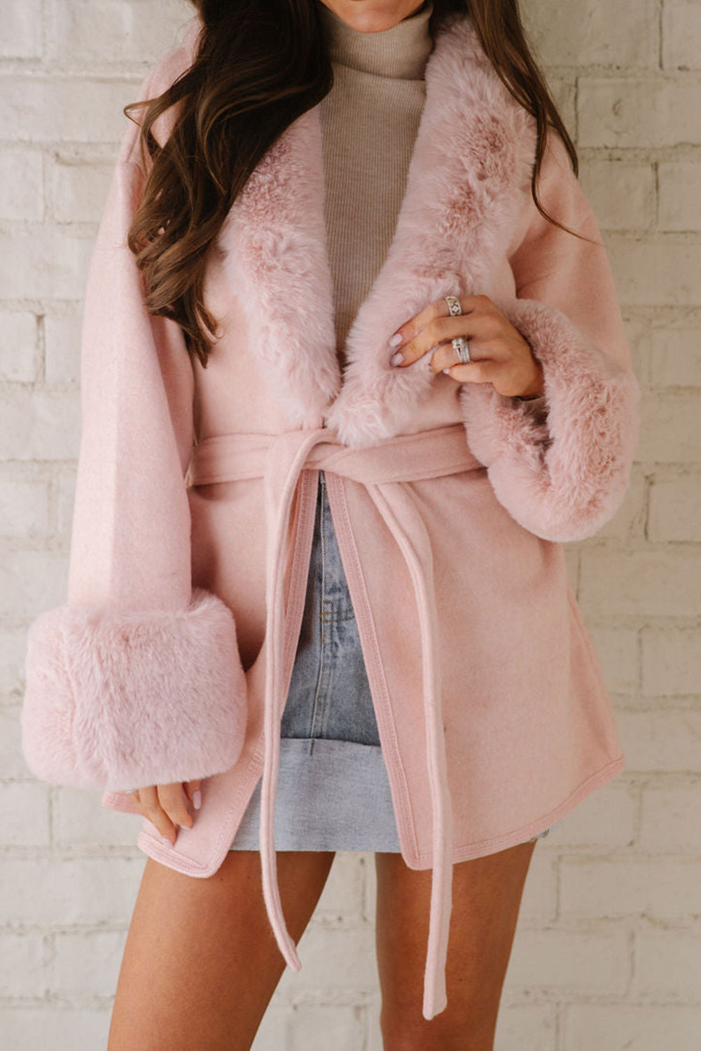 Delicacy Plus Collar Cuff Patchwork Open Front Belted Overcoat