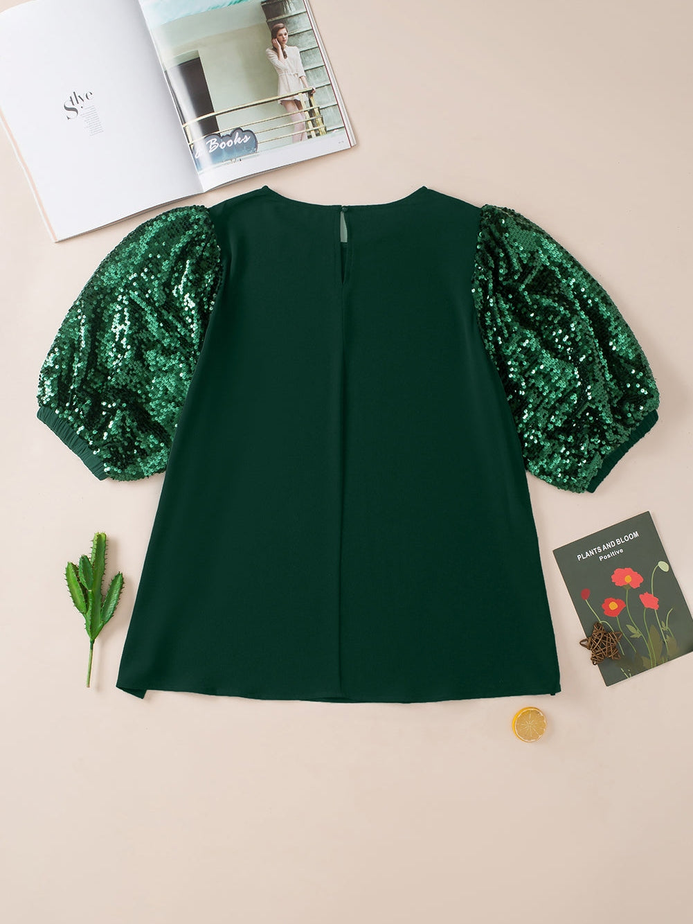 Blackish Green Plus Size Sequin Short Puff Sleeve Top
