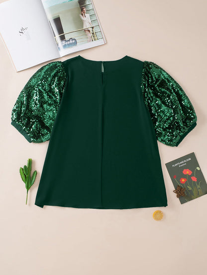 Blackish Green Plus Size Sequin Short Puff Sleeve Top
