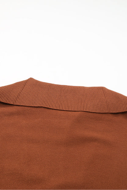 Cozy Brown Zip-Up Collar Plus Size Sweater with Ribbed Detail