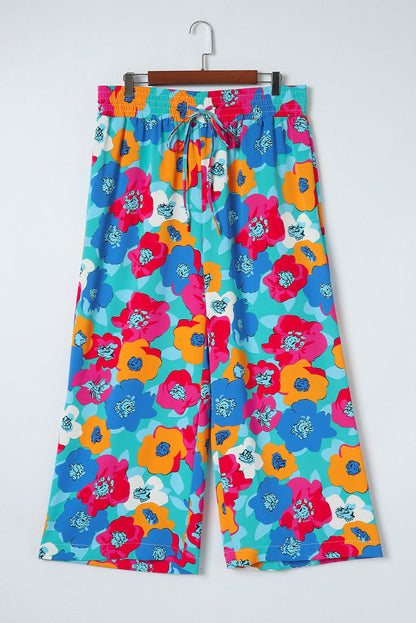 Vibrant Floral Print Plus Size Wide Leg Trousers