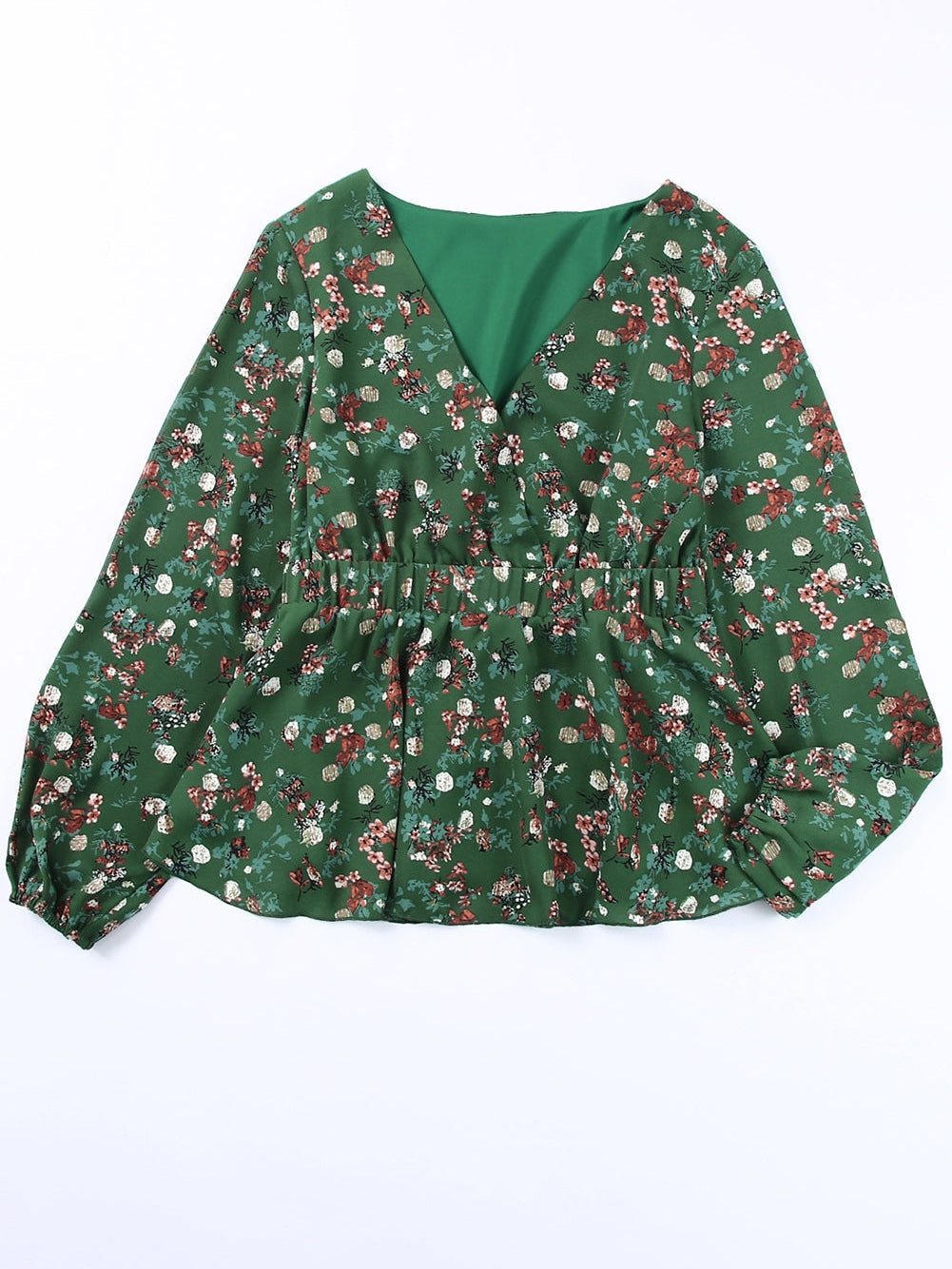 Green Ditsy Floral Peplum Blouse with V-Neck and Long Sleeves