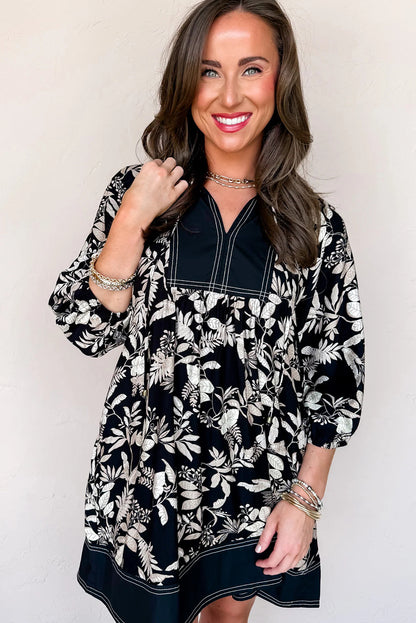 Black 3/4 Sleeve Botanical Print Contrast Patchwork Split Neck Loose Mini Dress