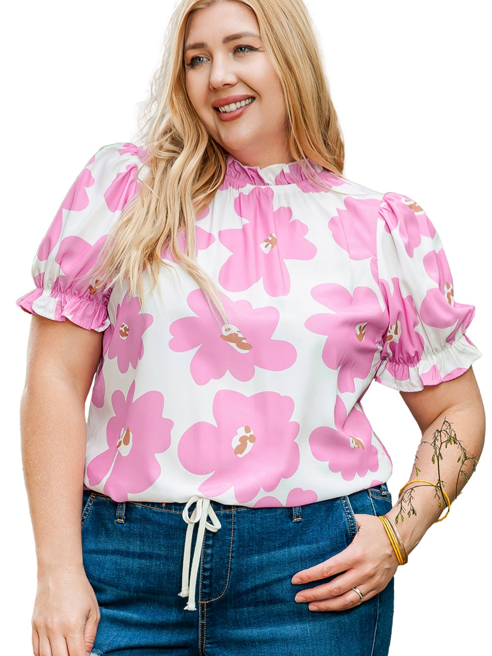 Purple Floral Ruffled Mock Neck Puff Sleeve Plus Size Blouse