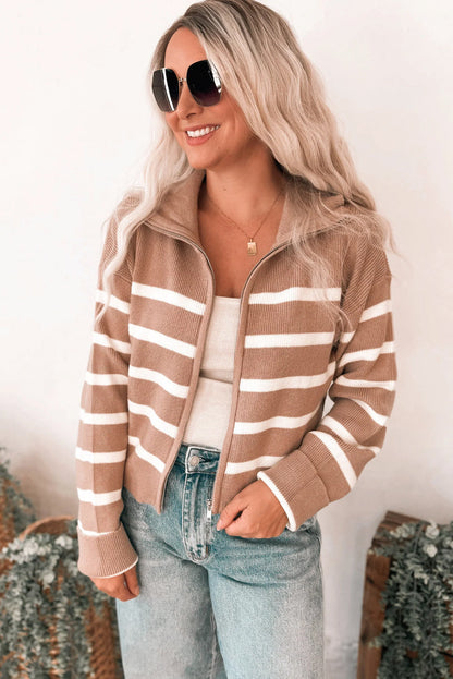 Khaki Stripe Ribbed Knit Zip Up Drop Shoulder Sweater Cardigan
