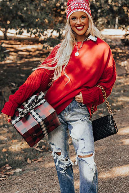 Fiery Red Cable Knit Textured Patchwork Sleeve Slouchy Sweater