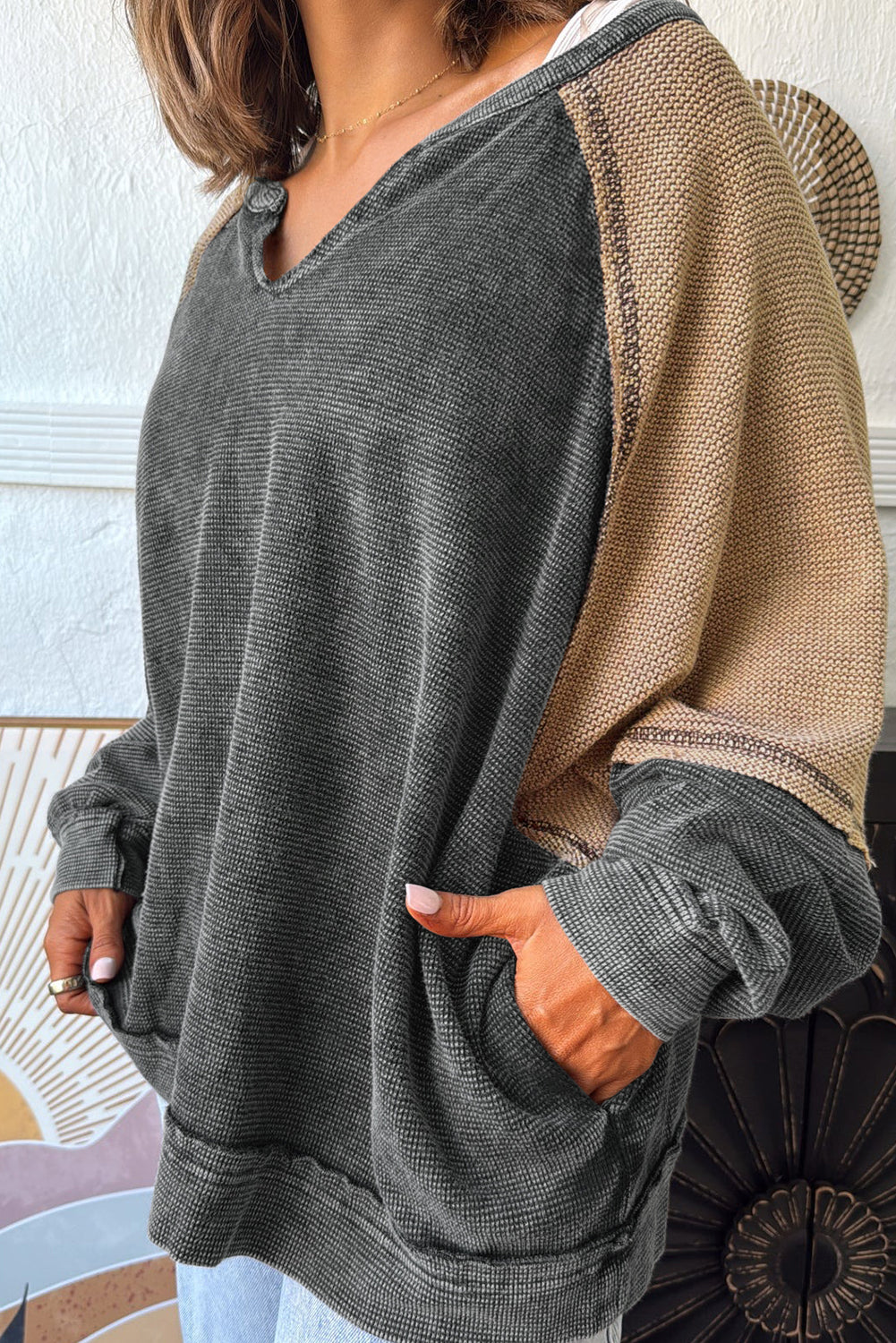 Dark Grey Color Block Exposed Seam Patchwork Mineral Wash Loose Sweatshirt